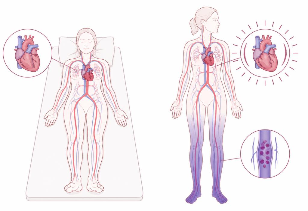 Diagram comparing circulation lying down with blood pooling in the legs and a fast heart rate while standing